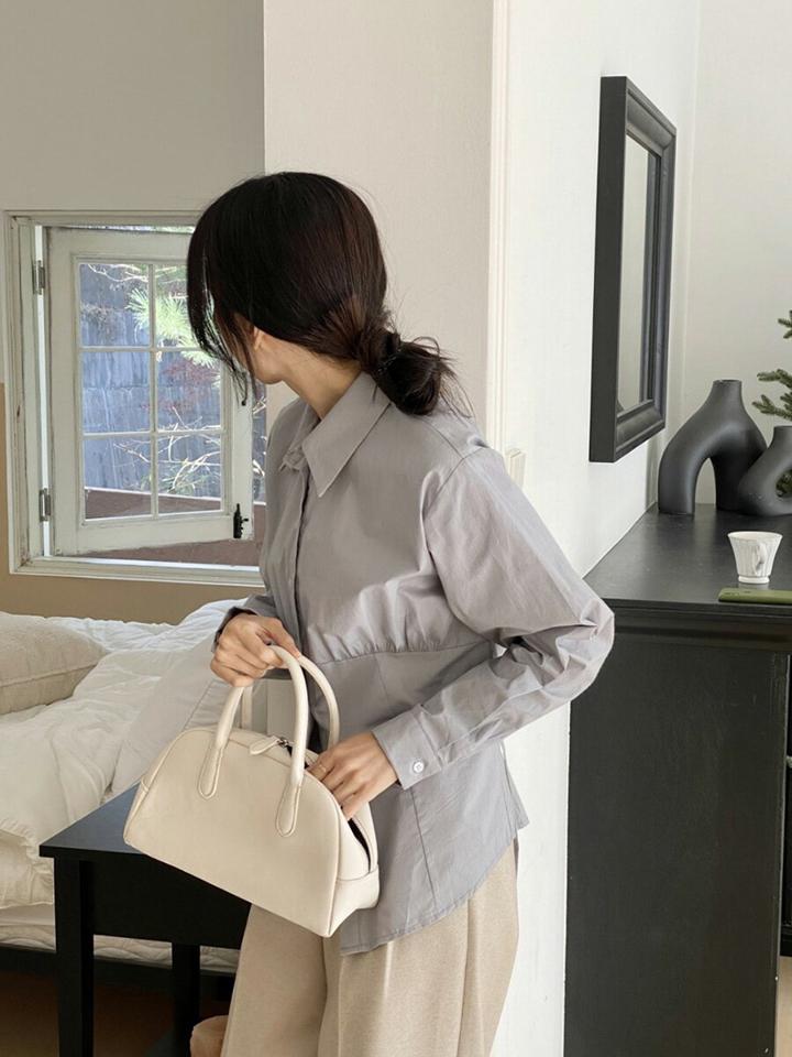 バックレースアップシャツ・p000152 レディース 【bl】トップス シャツ 長袖 バックシャン レースアップ 襟 単色 無地 シンプル ユニーク 綿 コットン 秋 冬 韓国ファッション MKT