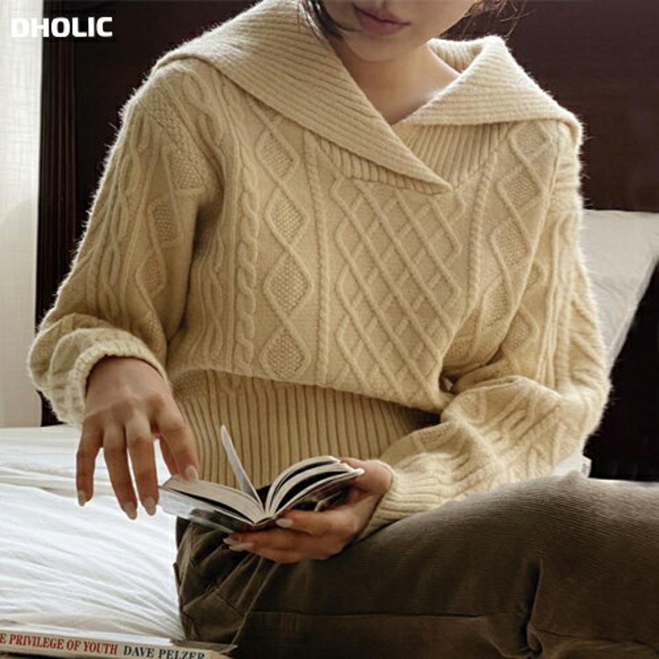 カラーケーブルニット・p000154 レディース 【tops】トップス ニット 長袖 ケーブル編み 大きい襟 セーラーカラー シンプル ラフ 大人 アクリル 秋 冬 韓国ファッション MKT