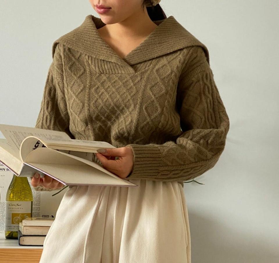 カラーケーブルニット・p000154 レディース 【tops】トップス ニット 長袖 ケーブル編み 大きい襟 セーラーカラー シンプル ラフ 大人 アクリル 秋 冬 韓国ファッション MKT