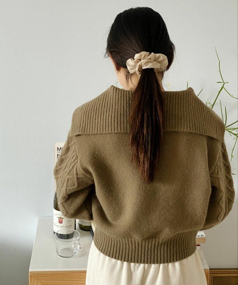 カラーケーブルニット・p000154 レディース 【tops】トップス ニット 長袖 ケーブル編み 大きい襟 セーラーカラー シンプル ラフ 大人 アクリル 秋 冬 韓国ファッション MKT