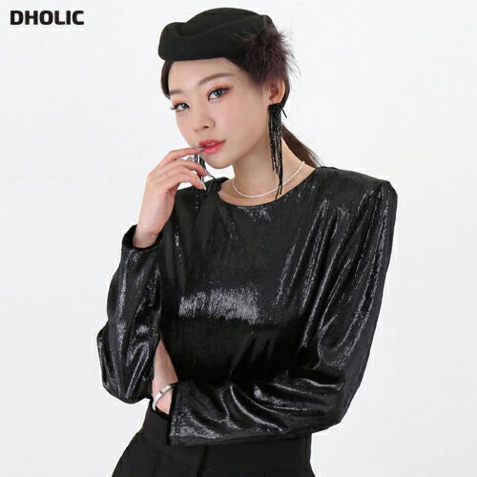 【マケット特価】肩パッド付グロッシーブラウス・p000217 レディース 【bl】トップス ブラウス 長袖 グロッシー ツヤ ラウンドネック 肩パッド オケージョン お呼ばれ きれいめ 光沢感 大人 秋 冬 韓国ファッション MKT セール