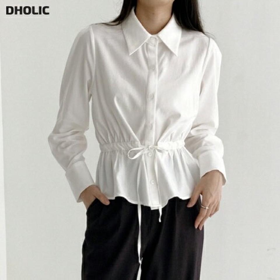 ドロストペプラムシャツ・p000151 レディース 【bl】トップス シャツ ペプラム お腹カバー 長袖 襟 白　ホワイト ドロスト 絞り 単色 無地 シンプル 大人 きれいめ 秋 冬 韓国ファッション MKT
