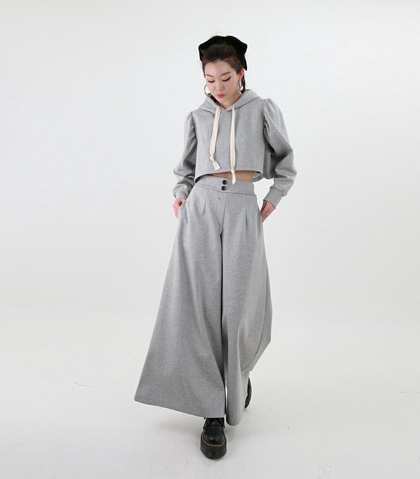 【マケット特価】ツーボタンフレアパンツ・p000203 レディース 【pt】パンツ ズボン ロング フレア ツーボタン 単色 無地 シンプル ワイド ラフ グレー スウェット コットン 綿 秋 冬 韓国ファッション MKT セール