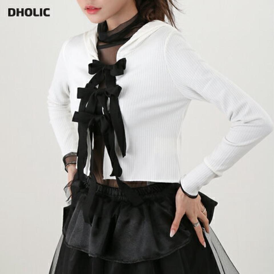 【マケット特価】フードリボンリブカーディガン・p000199 レディース 【cd】カーディガン 羽織物 長袖 リブ りぼん ガーリー フード フーディー かわいい 可愛い ユニーク 個性的 秋 冬 韓国ファッション MKT セール