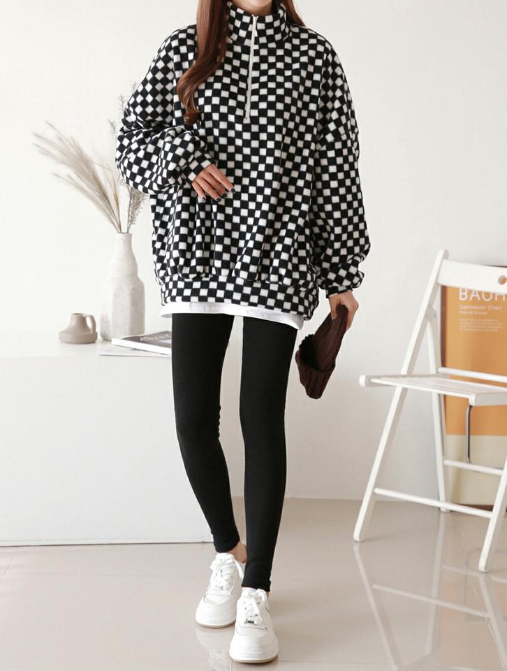 【マケット特価】両起毛チェックスウェット&裏起毛レギンスSET・p000019 レディース 【pt】セット トップス パーカー スウェット ブロックチェック 柄 裏起毛 レギンス パンツ スリム タイト ラフ ハーフジップ ジップアップ ハイネック 冬 韓国ファッション MKT セール