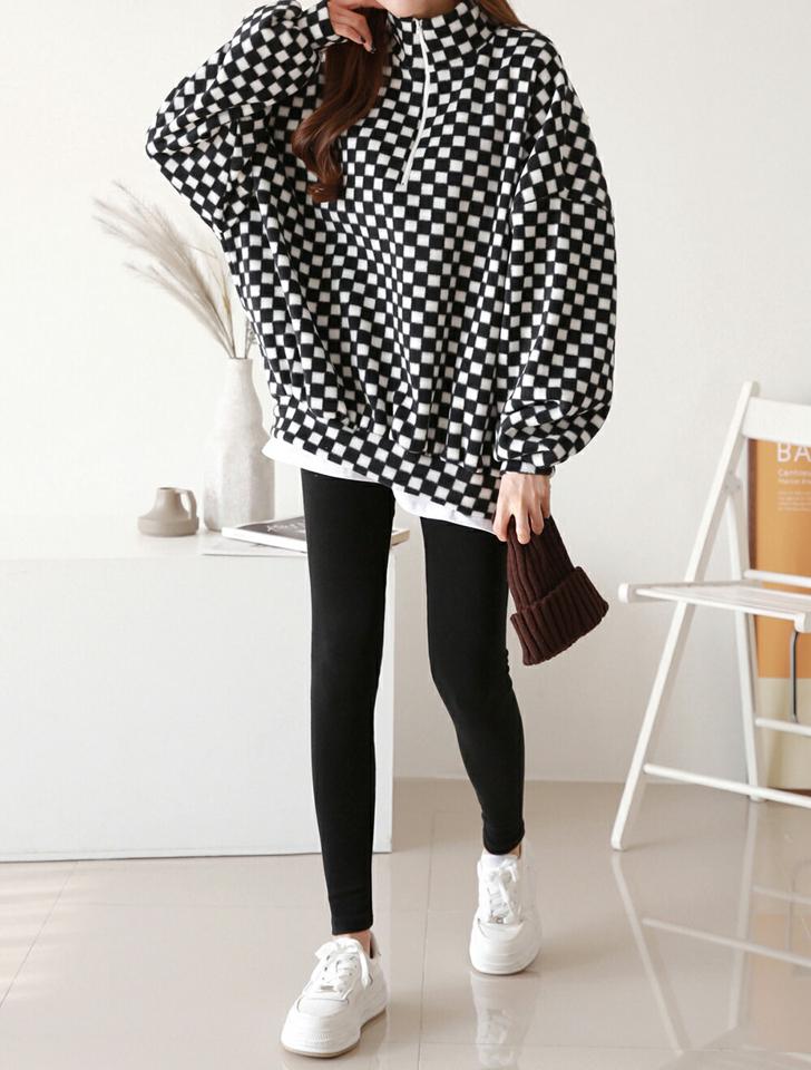 【マケット特価】両起毛チェックスウェット&裏起毛レギンスSET・p000019 レディース 【pt】セット トップス パーカー スウェット ブロックチェック 柄 裏起毛 レギンス パンツ スリム タイト ラフ ハーフジップ ジップアップ ハイネック 冬 韓国ファッション MKT セール