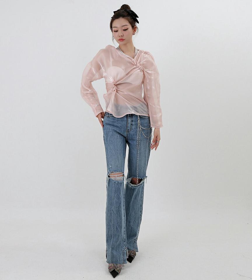 【マケット特価】ギャザーシアーブラウス・p000198 レディース 【bl】トップス ブラウス 長袖 ギャザー シアー シースルー 透け感 フェミニン きれいめ ユニーク 個性的 大人 アンバランス 鎖骨 デコルテ 秋 冬 韓国ファッション MKT セール