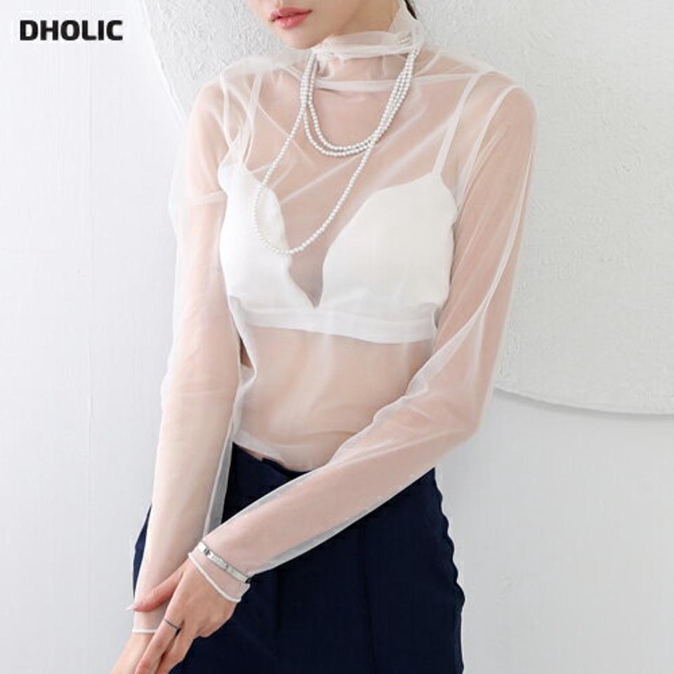 カップ付シアー長袖Tシャツ・p000193 レディース 【tops】トップス 長袖 透け感 シアー シースルー セクシー 肌見せ カップ 露出 ハイネック レイヤード 大人 秋 冬 韓国ファッション MKT