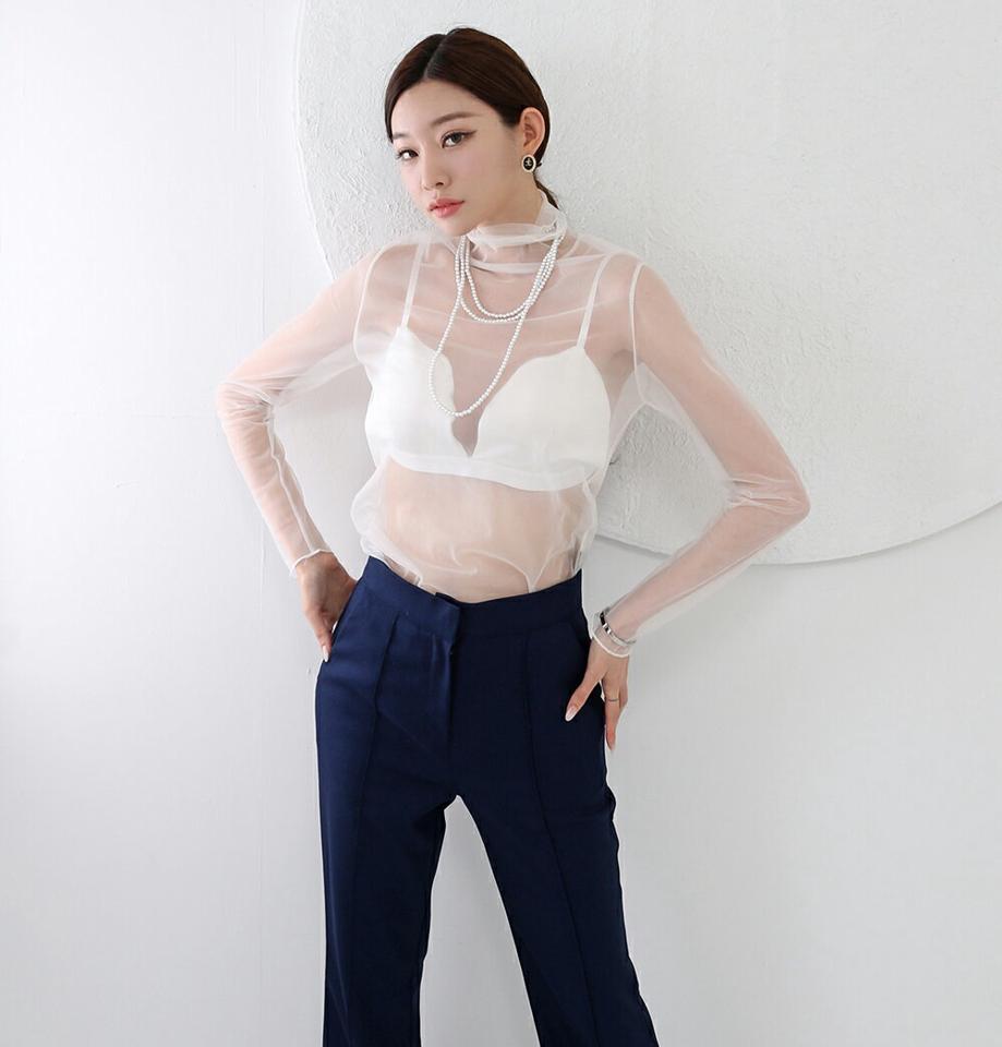 カップ付シアー長袖Tシャツ・p000193 レディース 【tops】トップス 長袖 透け感 シアー シースルー セクシー 肌見せ カップ 露出 ハイネック レイヤード 大人 秋 冬 韓国ファッション MKT