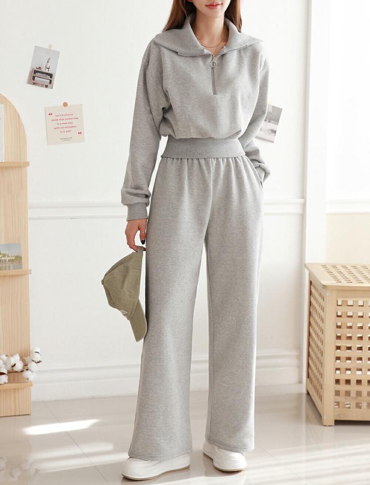 裏起毛ジップカラースウェット&パンツSET・p000017 レディース 【pt】セットアップ setup トップス スウェット トレーナー 長袖 ジップアップ ハーフジップ 裏起毛 パンツ ズボン ロング 大きい襟 単色 無地 ウエストゴム 冬 韓国ファッション MKT