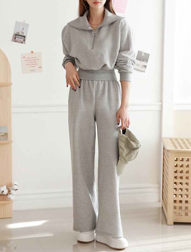 裏起毛ジップカラースウェット&パンツSET・p000017 レディース 【pt】セットアップ setup トップス スウェット トレーナー 長袖 ジップアップ ハーフジップ 裏起毛 パンツ ズボン ロング 大きい襟 単色 無地 ウエストゴム 冬 韓国ファッション MKT