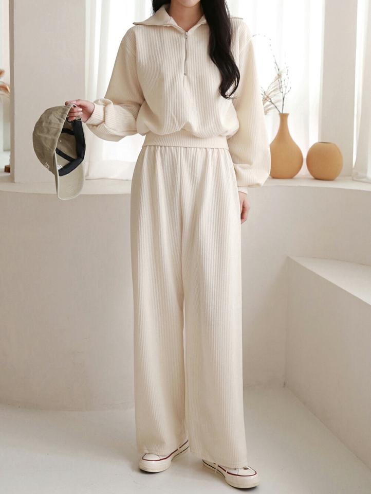 ハーフジップカラースウェット&パンツSET・p000231 レディース 【pt】セットアップ setup トップス スウェット トレーナー 長袖 リブ ハーフジップ ジップアップ パンツ ズボン ロング 単色 無地 襟 シンプル 秋 冬 韓国ファッション MKT