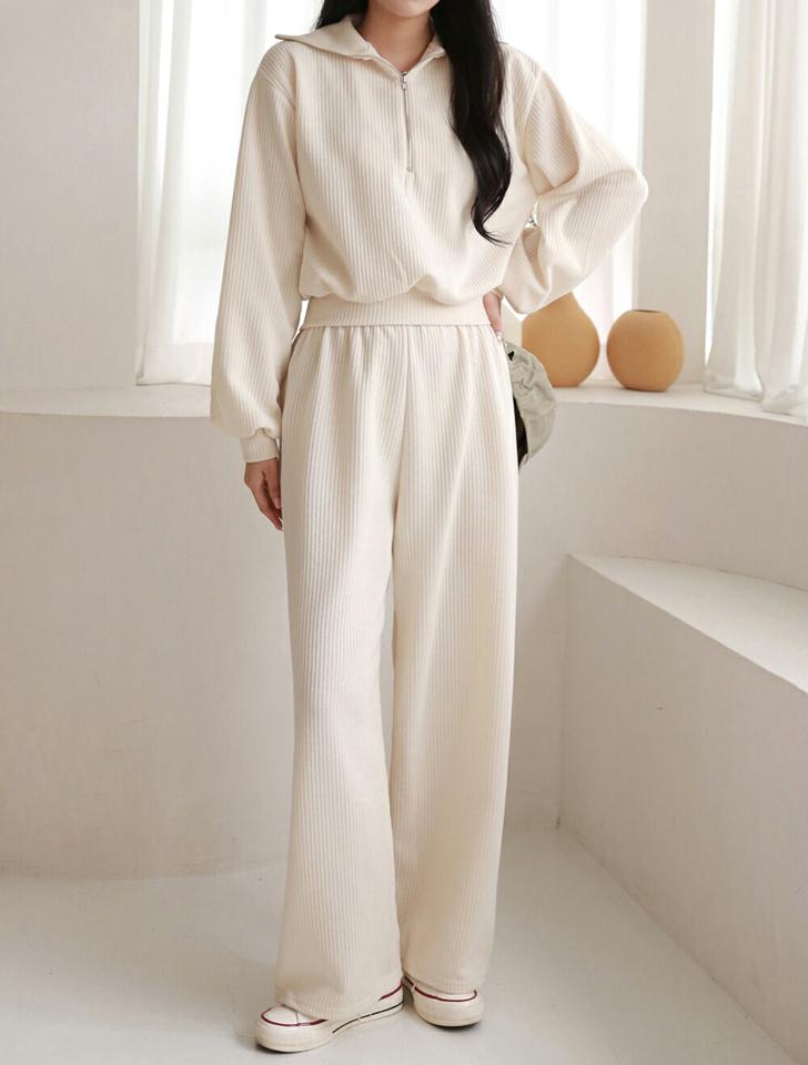 ハーフジップカラースウェット&パンツSET・p000231 レディース 【pt】セットアップ setup トップス スウェット トレーナー 長袖 リブ ハーフジップ ジップアップ パンツ ズボン ロング 単色 無地 襟 シンプル 秋 冬 韓国ファッション MKT