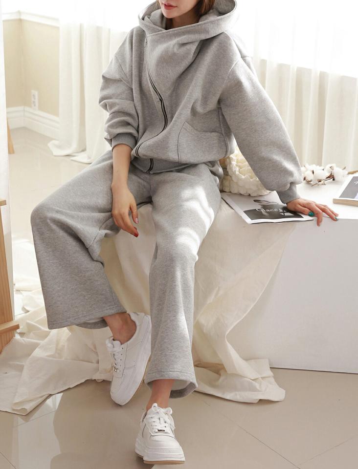 裏起毛ジップパーカー&パンツSET・p000146 レディース 【pt】セットアップ setup トップス パーカー フード フーディー 長袖 パンツ ズボン ロング 裏起毛 ジップアップ 大きい襟 シンプル ラフ 冬 韓国ファッション MKT
