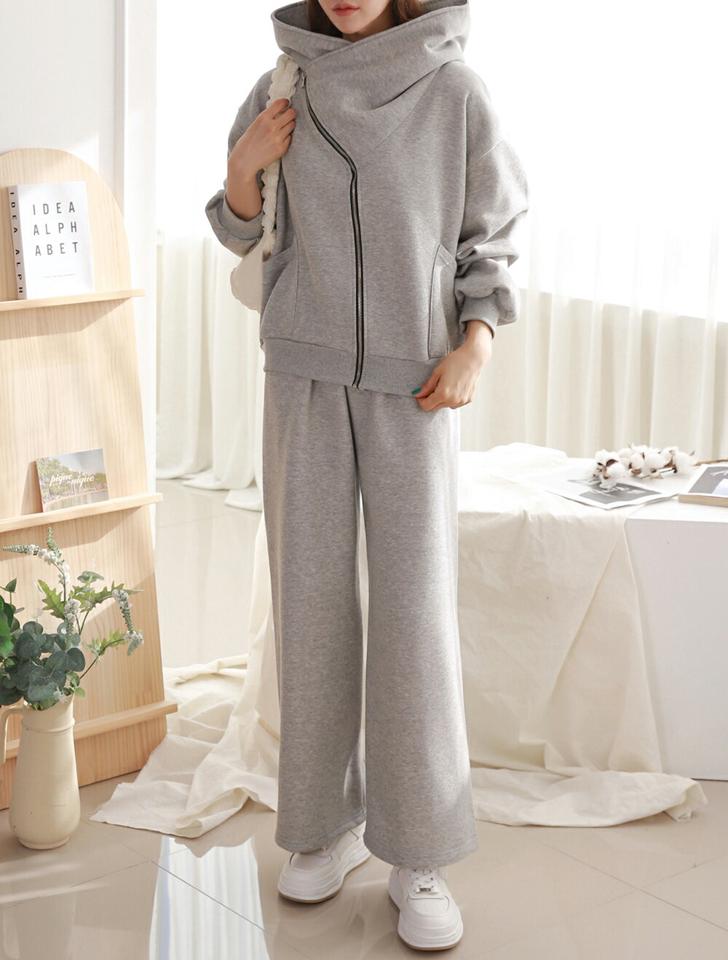 裏起毛ジップパーカー&パンツSET・p000146 レディース 【pt】セットアップ setup トップス パーカー フード フーディー 長袖 パンツ ズボン ロング 裏起毛 ジップアップ 大きい襟 シンプル ラフ 冬 韓国ファッション MKT