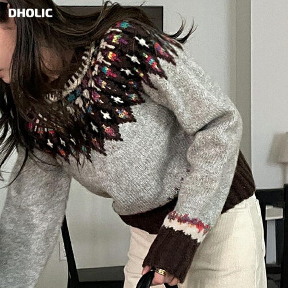 ウール混ノルディックニット・t00178 レディース 【tops】トップス ニット 長袖 柄ニット ノルディック柄 ウール カジュアル クロップド丈 ラグラン ラウンドネック 季節感 冬 韓国ファッション