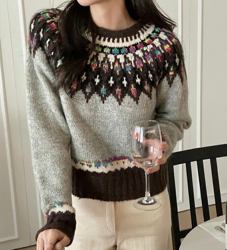 ウール混ノルディックニット・t00178 レディース 【tops】トップス ニット 長袖 柄ニット ノルディック柄 ウール カジュアル クロップド丈 ラグラン ラウンドネック 季節感 冬 韓国ファッション