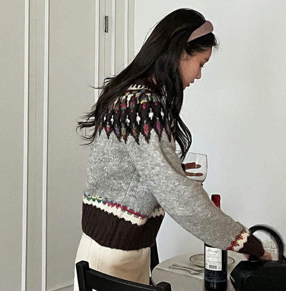 ウール混ノルディックニット・t00178 レディース 【tops】トップス ニット 長袖 柄ニット ノルディック柄 ウール カジュアル クロップド丈 ラグラン ラウンドネック 季節感 冬 韓国ファッション