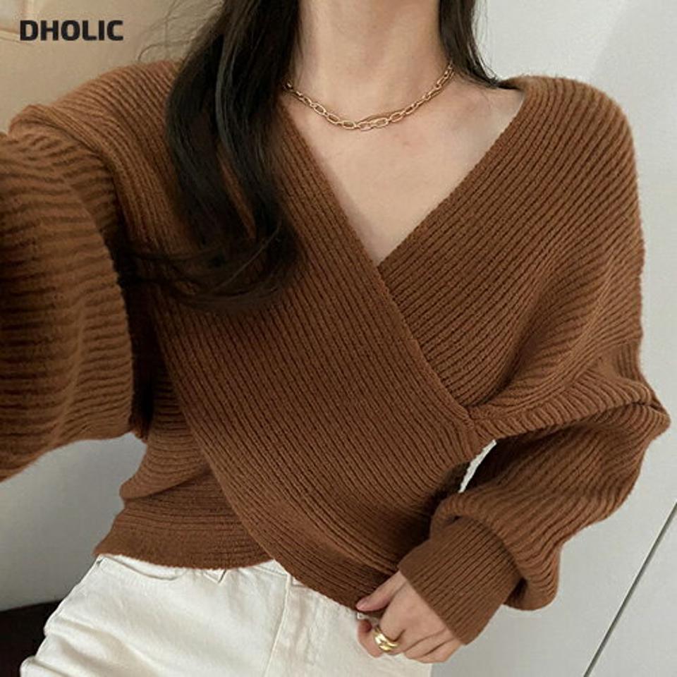 クロスVネックリブニット・t00180 レディース 【tops】トップス ニット 長袖 クロス Vネック リブ 単色 無地　シンプル カジュアル デコルテ 大人 茶色 ブラウン ドロップショルダー 秋 冬 韓国ファッション