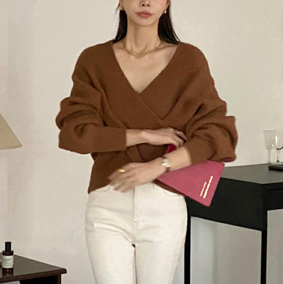 クロスVネックリブニット・t00180 レディース 【tops】トップス ニット 長袖 クロス Vネック リブ 単色 無地　シンプル カジュアル デコルテ 大人 茶色 ブラウン ドロップショルダー 秋 冬 韓国ファッション