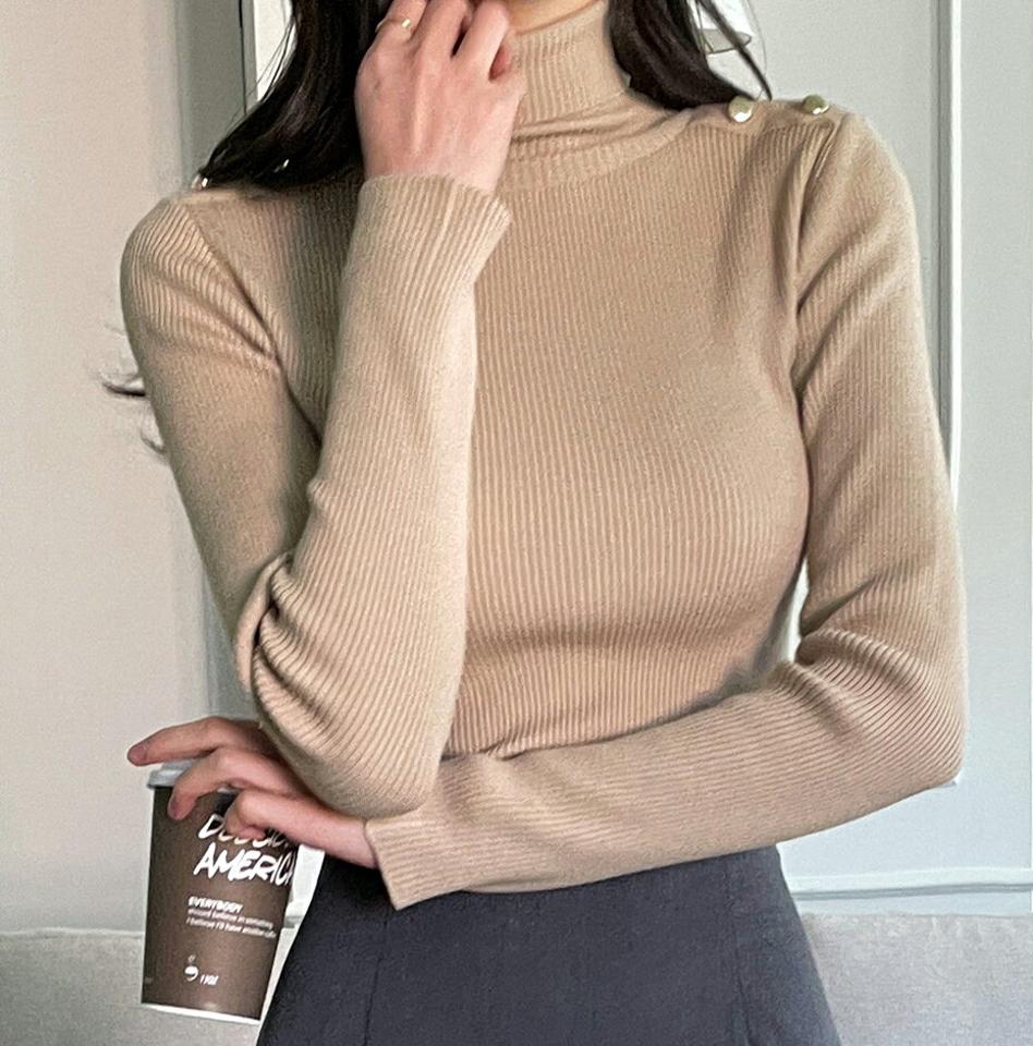 ショルダーボタンタートルニット・t00156 レディース 【tops】トップス ニット 長袖 タートルネック ボタン リブ 単色 無地 シンプル スリム 大人 きれいめ カジュアル 秋 冬 韓国ファッション