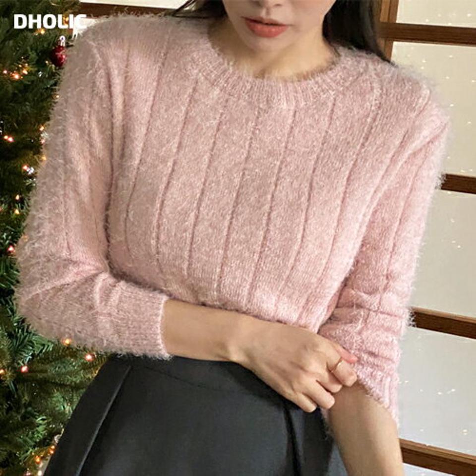 【マラソン特価】ファータッチリブニット・t00179 レディース 【tops】トップス ニット 長袖 ファータッチ リブ ラウンドネック 単色 無地 シンプル カジュアル かわいい 可愛い ふわふわ カラーニット 秋 冬 韓国ファッション セール