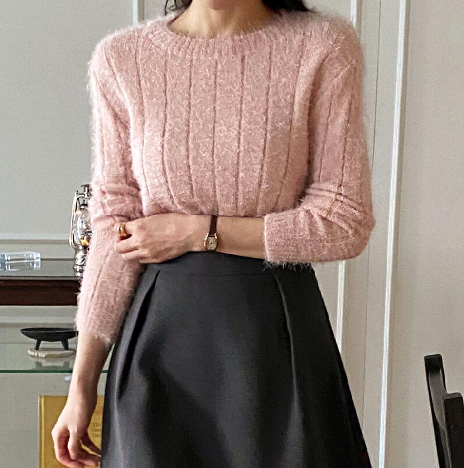 【マラソン特価】ファータッチリブニット・t00179 レディース 【tops】トップス ニット 長袖 ファータッチ リブ ラウンドネック 単色 無地 シンプル カジュアル かわいい 可愛い ふわふわ カラーニット 秋 冬 韓国ファッション セール