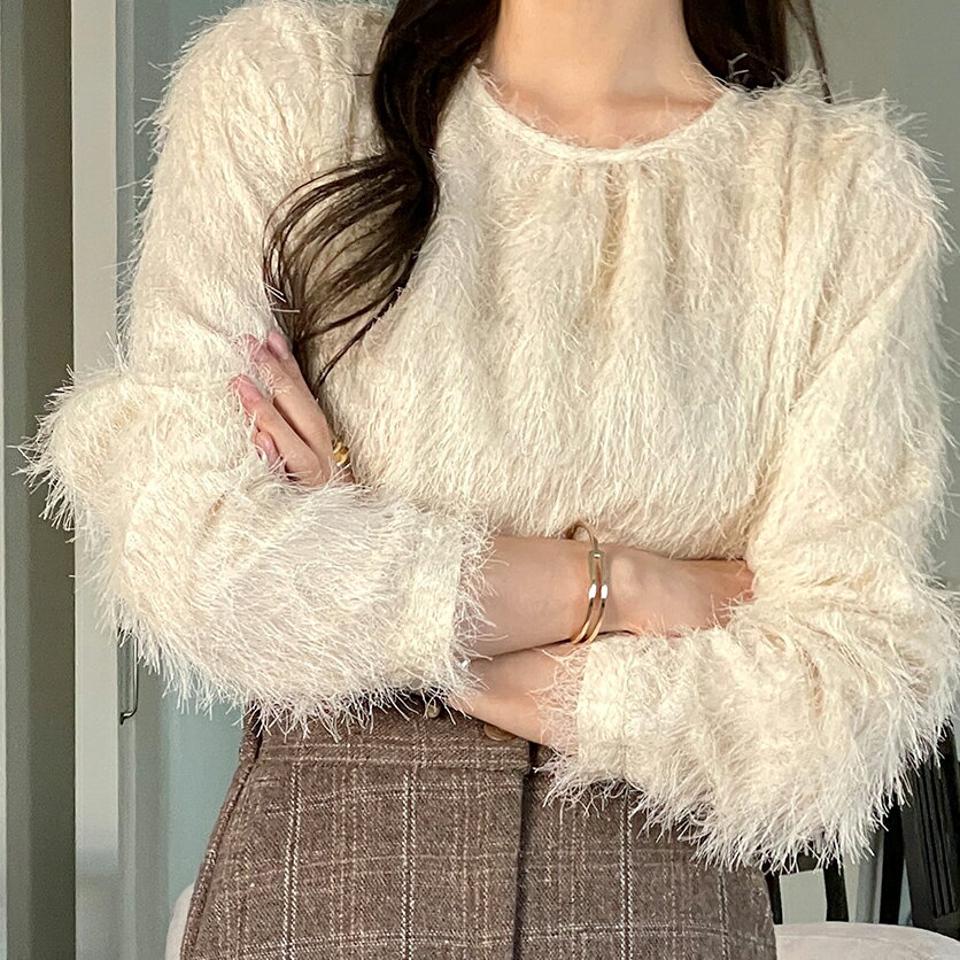 ラウンドフェザー調ブラウス・t00154 レディース 【bl】トップス ブラウス 長袖 フェザー もこもこ 高級感 大人 上品 きれいめ ラウンドネック ギャザー 秋 冬 韓国ファッション