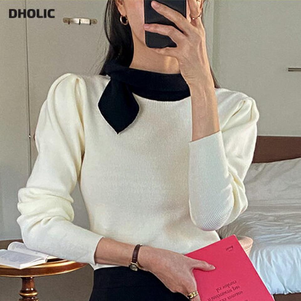 配色リボンネックニット・t00157 レディース 【tops】トップス ニット 長袖 りぼん 配色 バイカラー 大人 きれいめ モノトーン ハーフネック クロップド丈 方タック アクリル 上品 秋 冬 韓国ファッション
