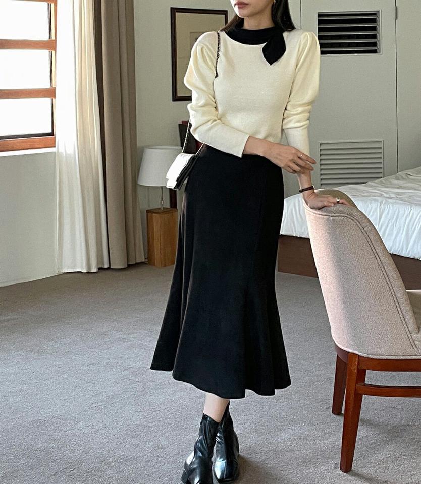 配色リボンネックニット・t00157 レディース 【tops】トップス ニット 長袖 りぼん 配色 バイカラー 大人 きれいめ モノトーン ハーフネック クロップド丈 方タック アクリル 上品 秋 冬 韓国ファッション