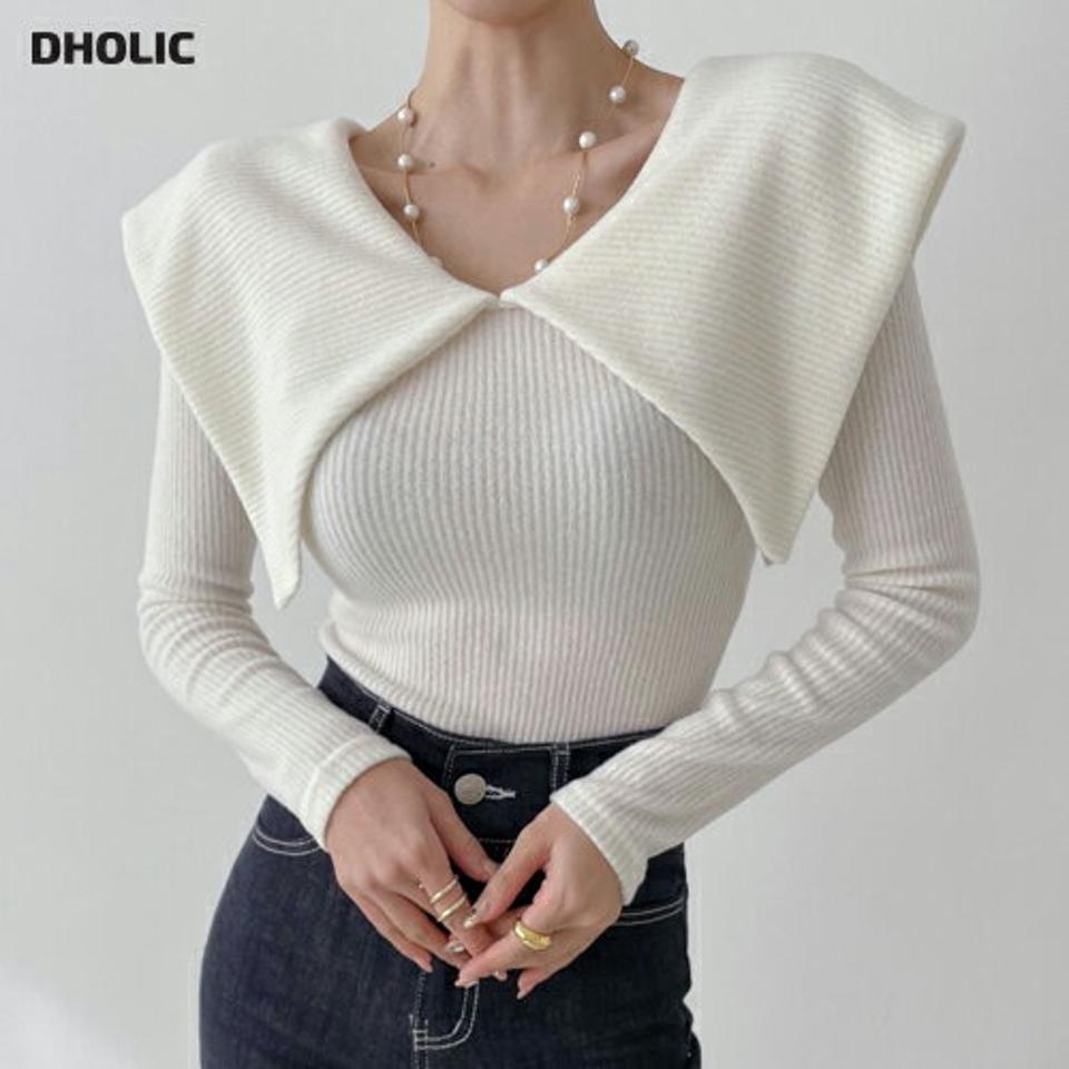 ビッグカラーリブ長袖Tシャツ・p000144 レディース 【tops】トップス 長袖 リブ 大きい襟 ビッグカラー 襟コン フェミニン かわいい 大人 シンプル 単色 ユニーク スリム タイト 秋 冬 韓国ファッション MKT
