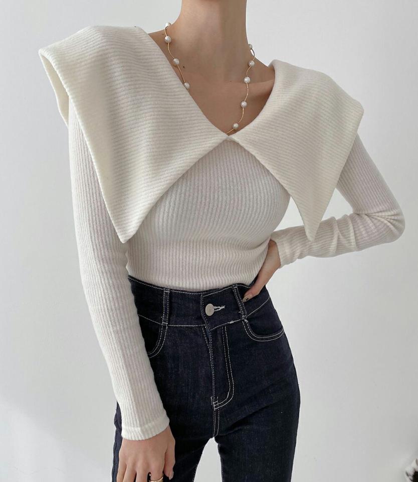 ビッグカラーリブ長袖Tシャツ・p000144 レディース 【tops】トップス 長袖 リブ 大きい襟 ビッグカラー 襟コン フェミニン かわいい 大人 シンプル 単色 ユニーク スリム タイト 秋 冬 韓国ファッション MKT