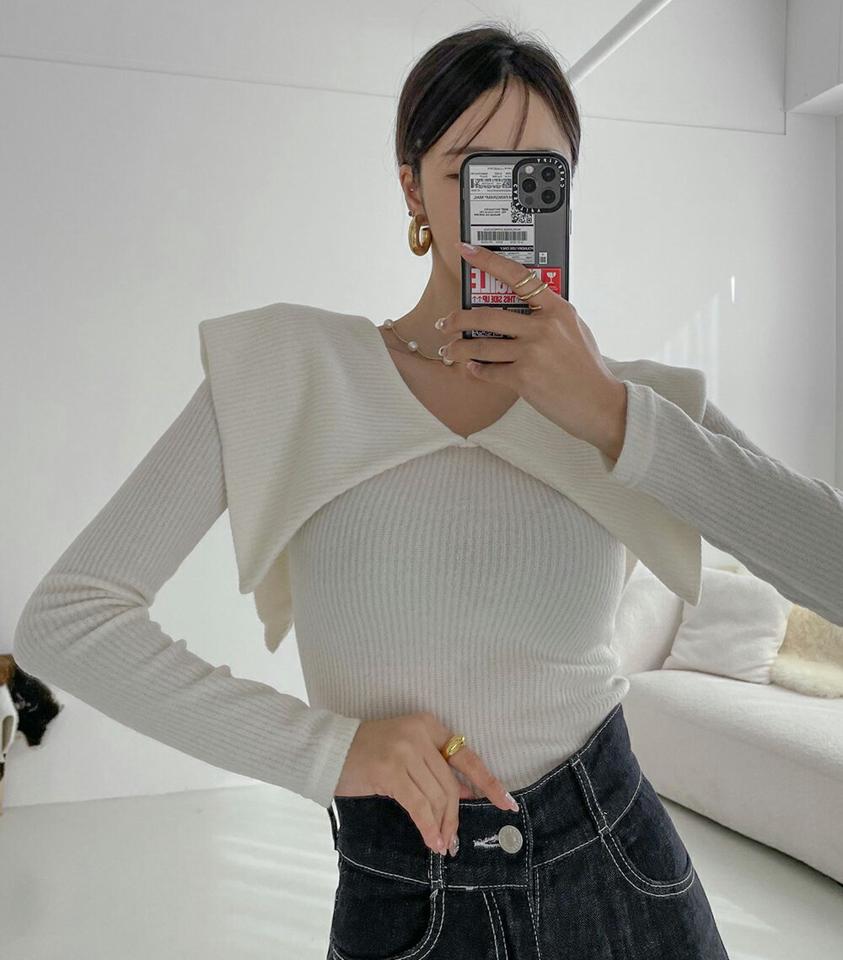 ビッグカラーリブ長袖Tシャツ・p000144 レディース 【tops】トップス 長袖 リブ 大きい襟 ビッグカラー 襟コン フェミニン かわいい 大人 シンプル 単色 ユニーク スリム タイト 秋 冬 韓国ファッション MKT