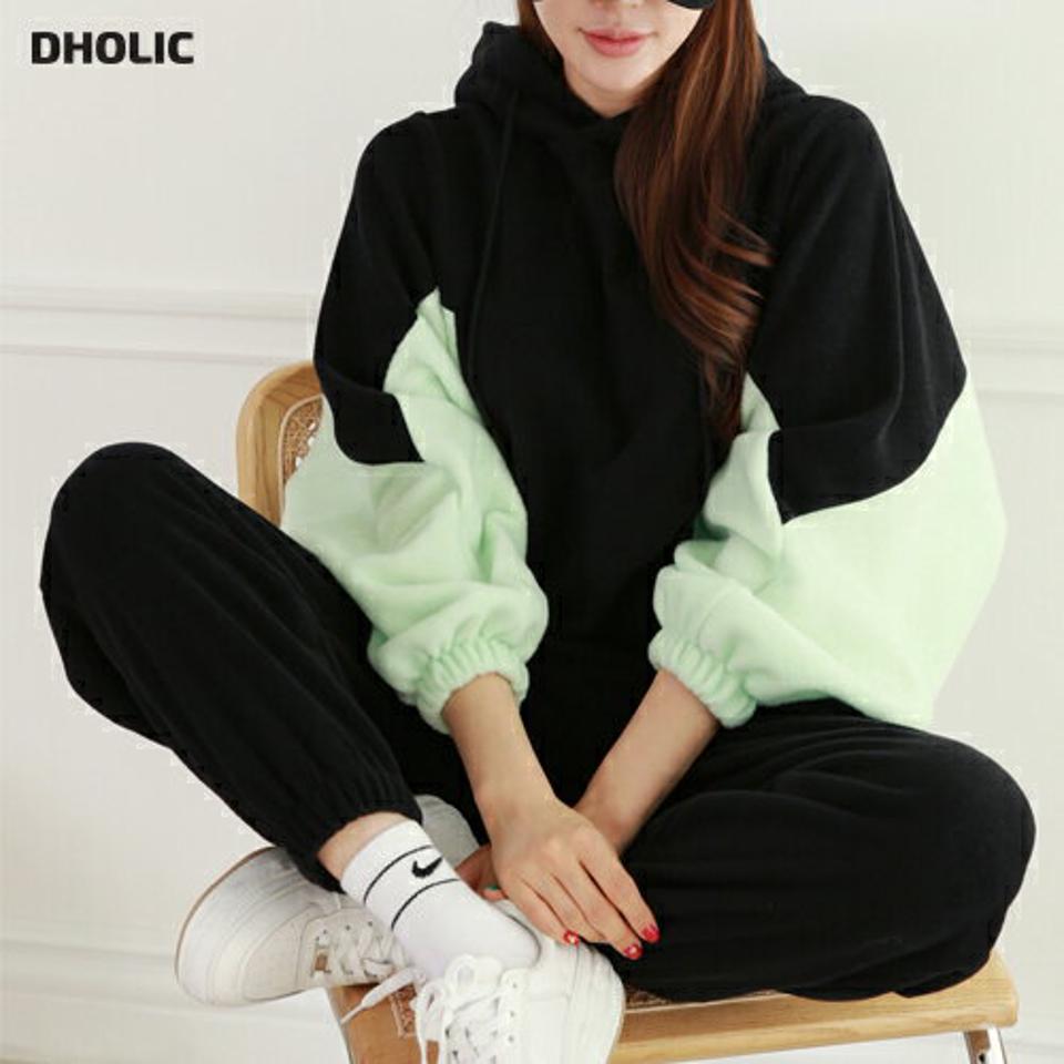 両起毛配色パーカー&パンツSET・p000145 レディース 【pt】セットアップ setup トップス パーカー フーディー フード 長袖 裏起毛 パンツ ズボン ロング ワイド バイカラー 配色 ラフ カジュアル ワンマイルウェア 冬 韓国ファッション MKT