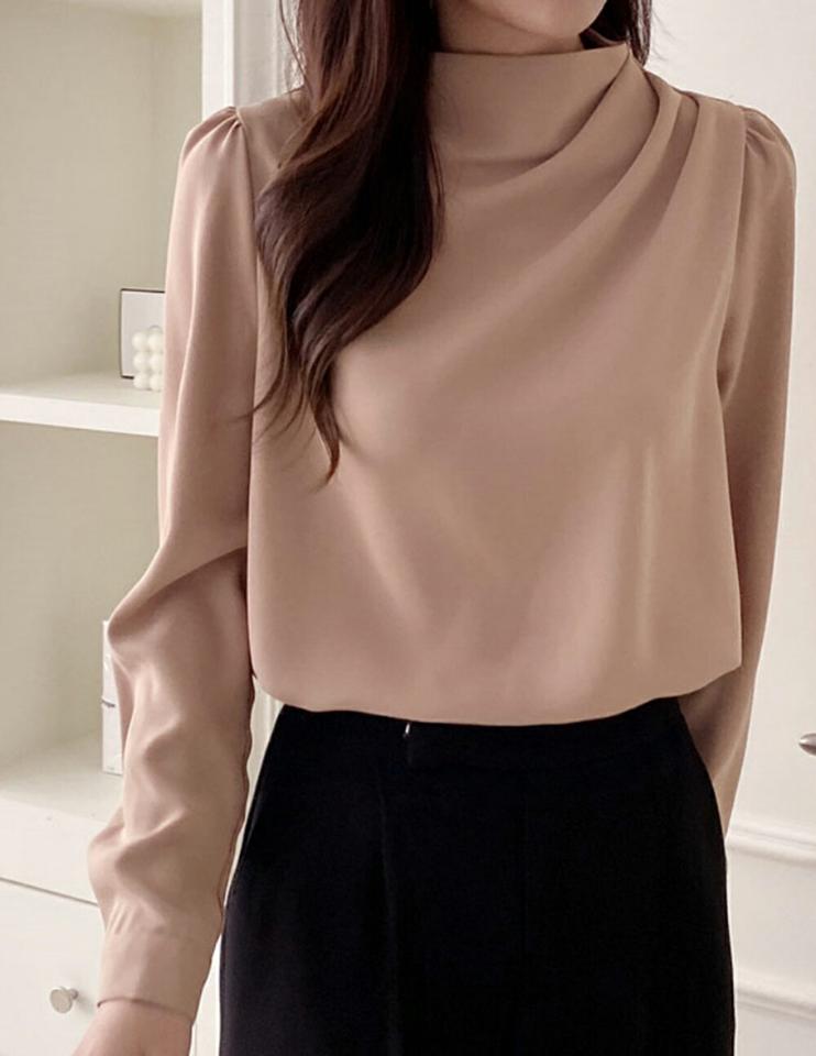 ハーフネックドレープブラウス・p000139 レディース 【bl】トップス ブラウス 長袖 ドレープ ハーフネック 単色 無地 シンプル フェミニン オケージョン きれいめ オフィス 上品 秋 冬 韓国ファッション MKT