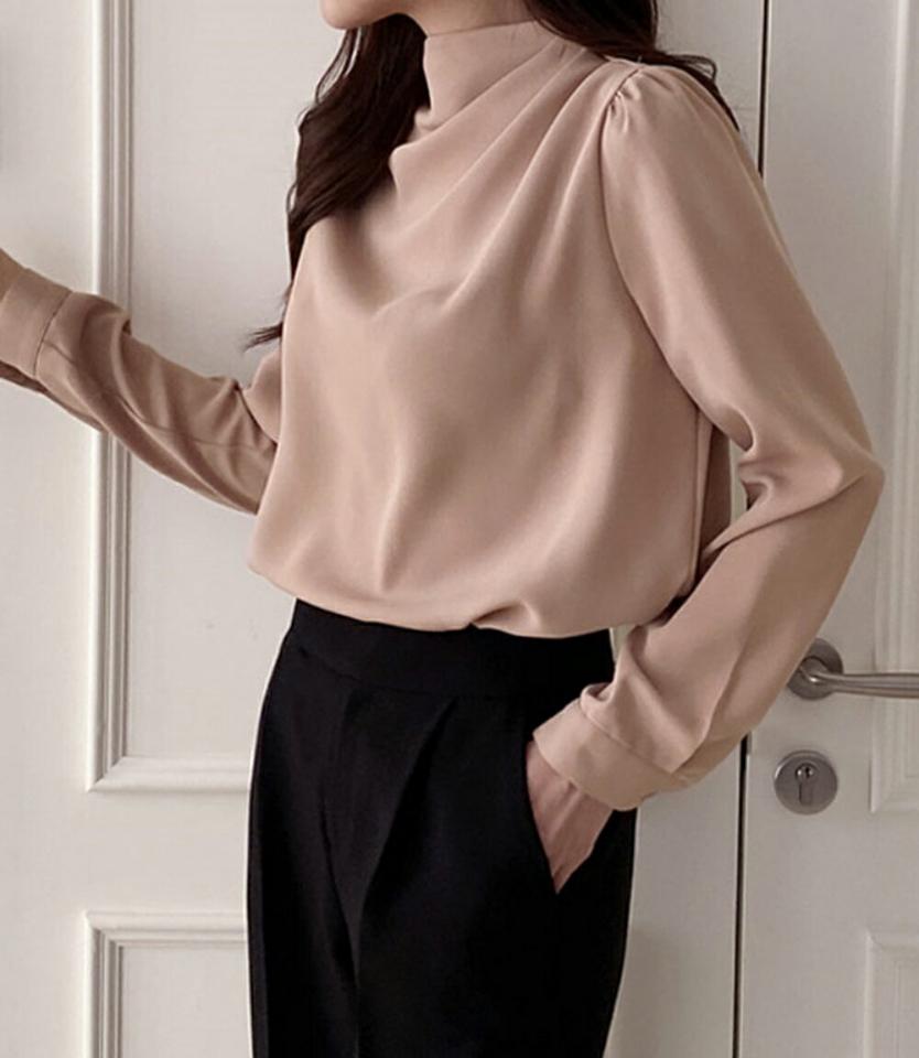ハーフネックドレープブラウス・p000139 レディース 【bl】トップス ブラウス 長袖 ドレープ ハーフネック 単色 無地 シンプル フェミニン オケージョン きれいめ オフィス 上品 秋 冬 韓国ファッション MKT