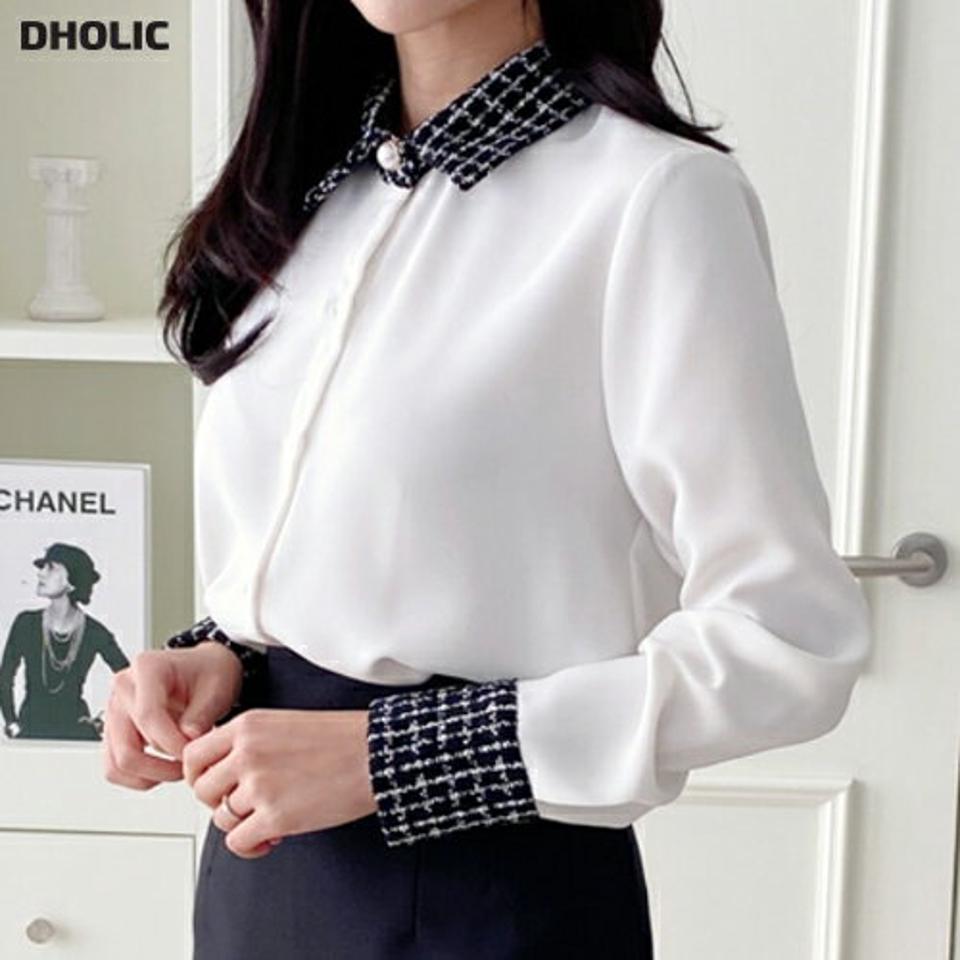 ツイード配色パール調ボタンブラウス・p000142 レディース 【bl】トップス ブラウス 長袖 パールボタン ツイード バイカラー フェミニン 大人 きれいめ 高級感 オケージョン オフィス お呼ばれ 襟 秋 冬 韓国ファッション MKT