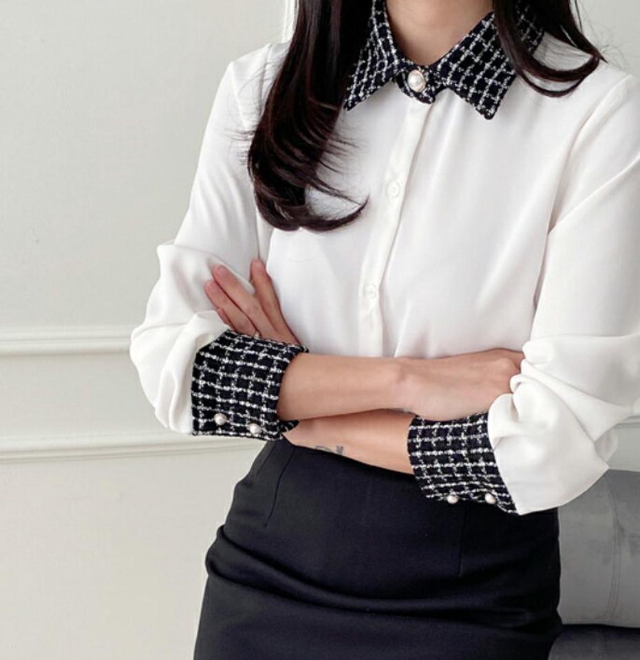 ツイード配色パール調ボタンブラウス・p000142 レディース 【bl】トップス ブラウス 長袖 パールボタン ツイード バイカラー フェミニン 大人 きれいめ 高級感 オケージョン オフィス お呼ばれ 襟 秋 冬 韓国ファッション MKT