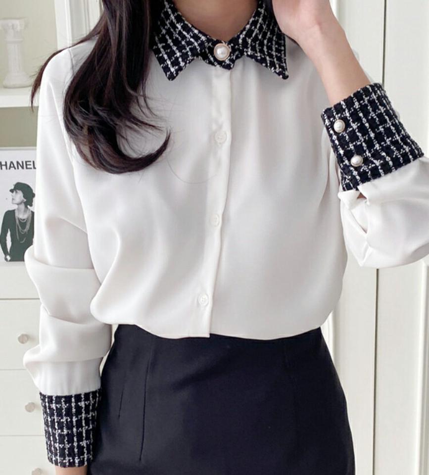 ツイード配色パール調ボタンブラウス・p000142 レディース 【bl】トップス ブラウス 長袖 パールボタン ツイード バイカラー フェミニン 大人 きれいめ 高級感 オケージョン オフィス お呼ばれ 襟 秋 冬 韓国ファッション MKT