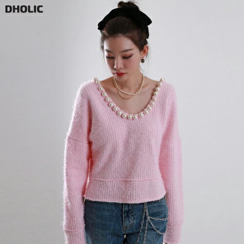 【マケット特価】ハンドメイドフェイクパールUネックニット・p000169 レディース 【tops】トップス ニット Uネック 長袖 パール 襟コン フェミニン カラーニット かわいい 可愛い デコルテ ピンク ガーリー 鎖骨 秋 冬 韓国ファッション MKT セール