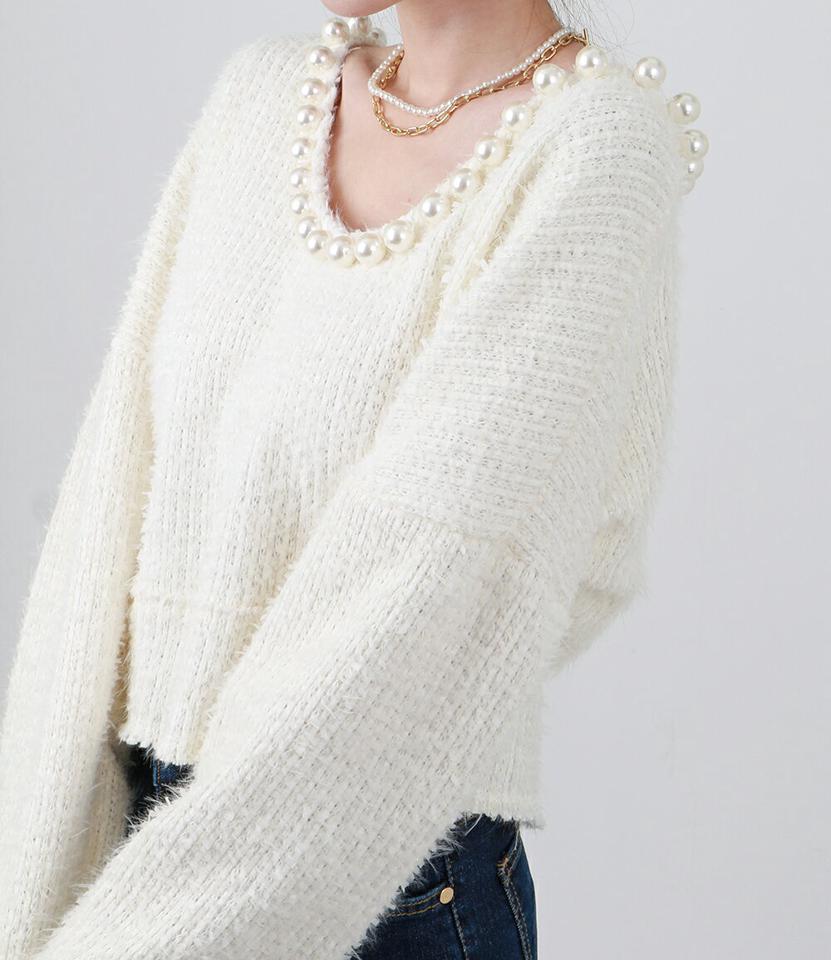 【マケット特価】ハンドメイドフェイクパールUネックニット・p000169 レディース 【tops】トップス ニット Uネック 長袖 パール 襟コン フェミニン カラーニット かわいい 可愛い デコルテ ピンク ガーリー 鎖骨 秋 冬 韓国ファッション MKT セール