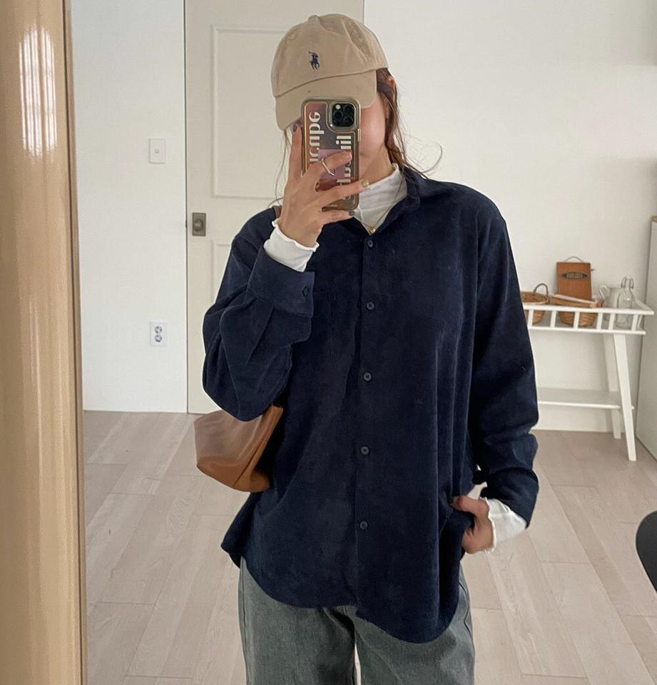 コーデュロイポケットシャツ・p000063 レディース 【bl】トップス シャツ 長袖 コーデュロイ ポケット 単色 無地 シンプル リブ　カジュアル ネイビー 紺 大人 ベーシック 秋 冬 韓国ファッション MKT