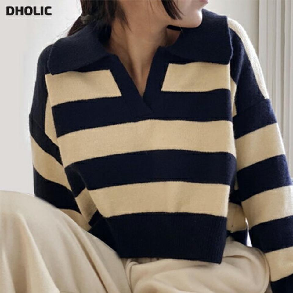 【マケット特価】2TYPEスリットカラーニット・p000066 レディース 【tops】トップス ニット 長袖 ボーダー柄 スリット 襟 カジュアル アクリル ラフ バイカラー 単色 無地 シンプル 秋 冬 韓国ファッション MKT セール