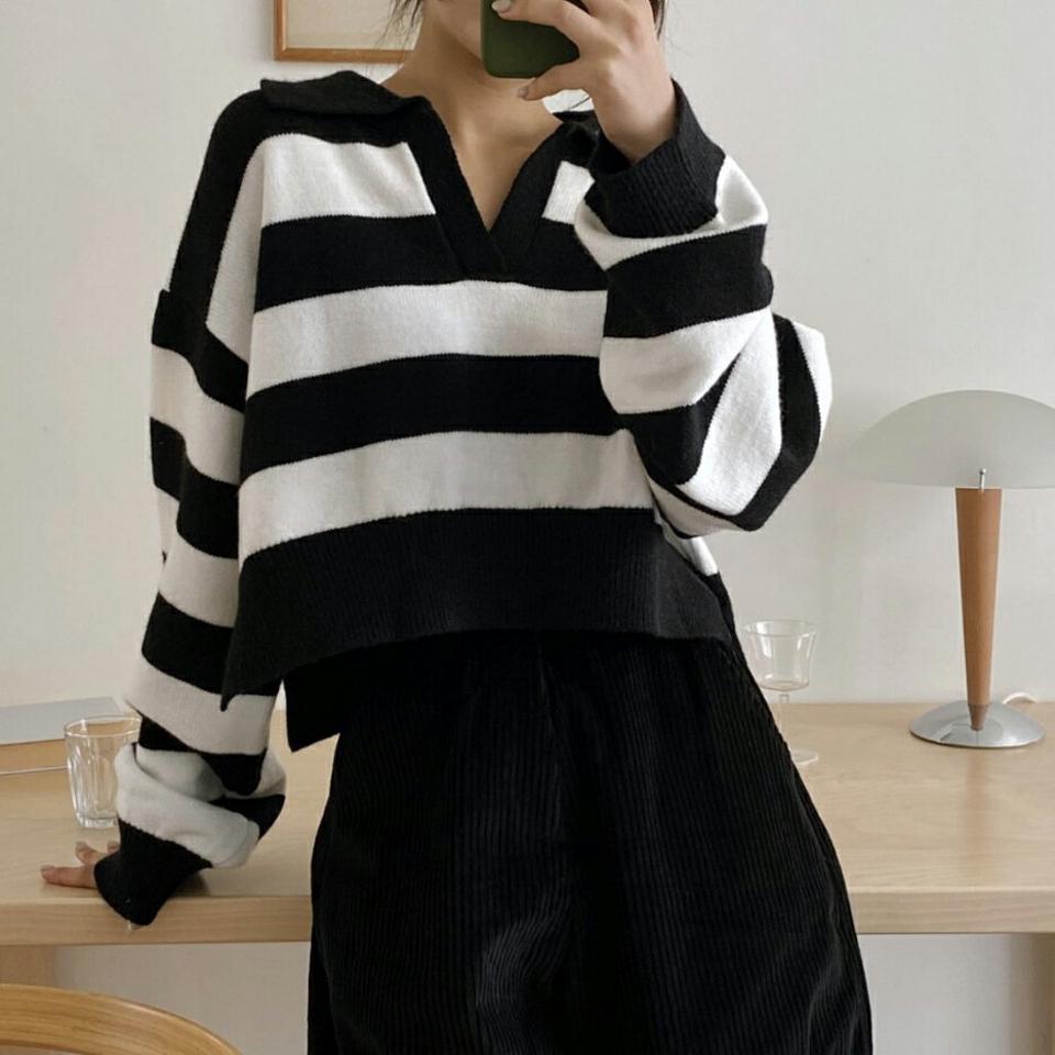 【マケット特価】2TYPEスリットカラーニット・p000066 レディース 【tops】トップス ニット 長袖 ボーダー柄 スリット 襟 カジュアル アクリル ラフ バイカラー 単色 無地 シンプル 秋 冬 韓国ファッション MKT セール