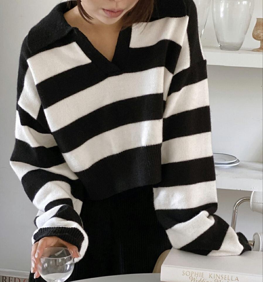 【マケット特価】2TYPEスリットカラーニット・p000066 レディース 【tops】トップス ニット 長袖 ボーダー柄 スリット 襟 カジュアル アクリル ラフ バイカラー 単色 無地 シンプル 秋 冬 韓国ファッション MKT セール