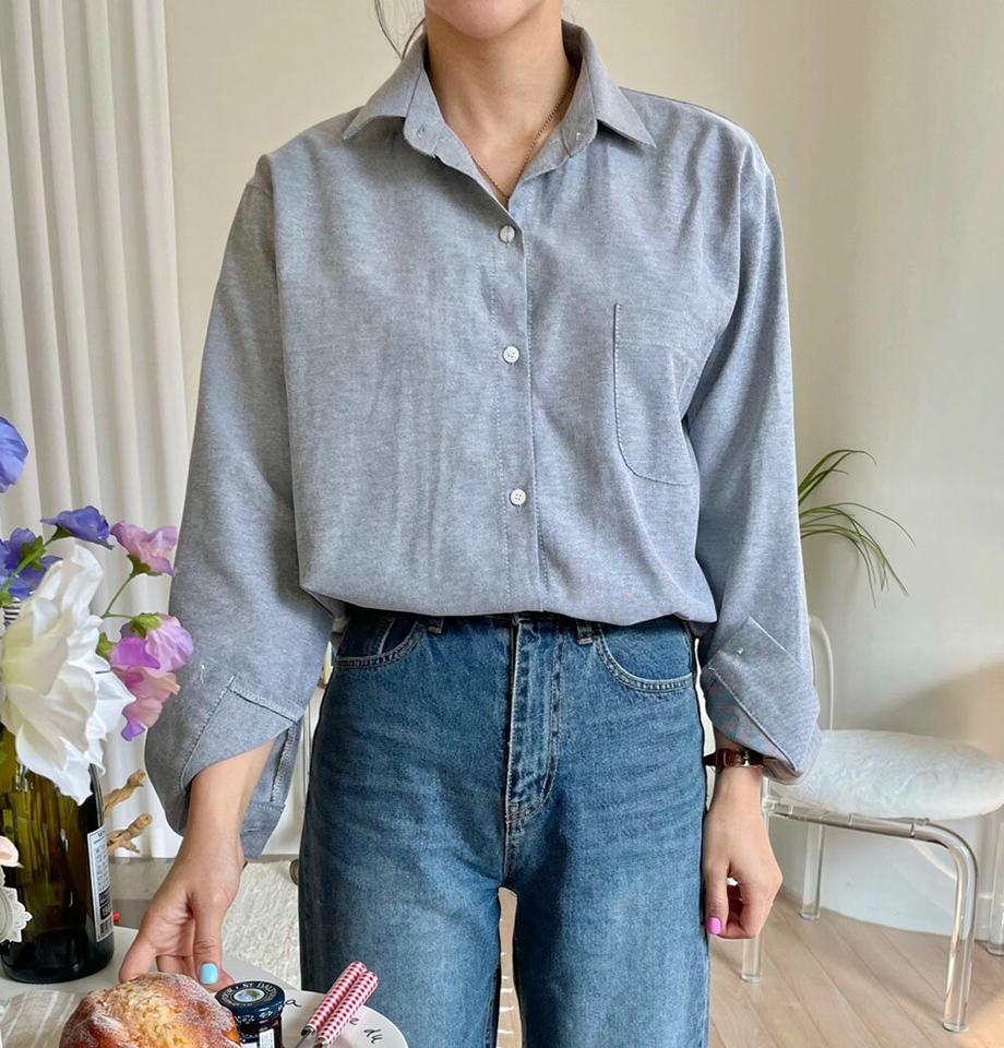 ポケット長袖コットンシャツ・p000077 レディース 【bl】トップス シャツ 長袖 コットン 綿 単色 無地 シンプル ベーシック 大人 カジュアル ポケット 青 ブルー 秋 冬 韓国ファッション MKT
