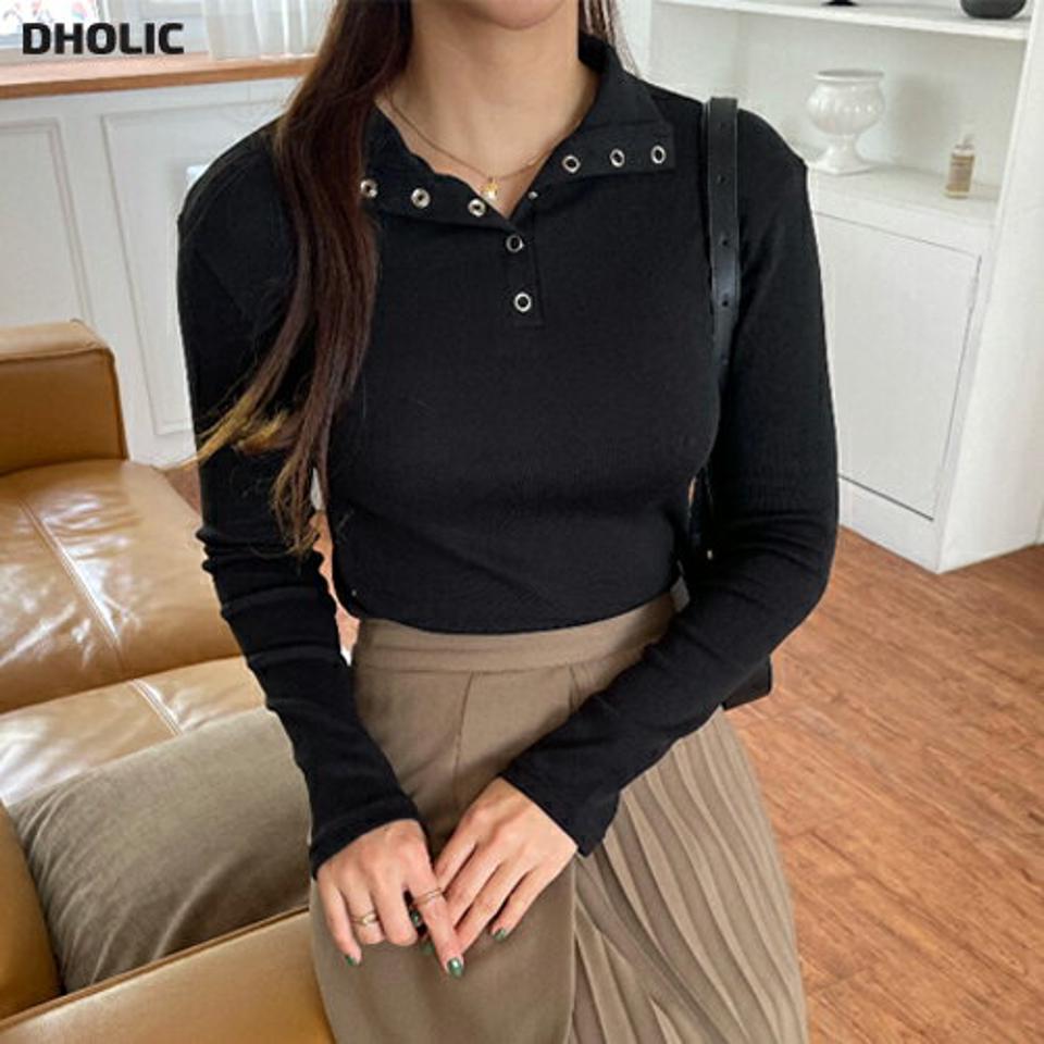 スナップボタンネック長袖Tシャツ・p000068 レディース 【tops】トップス Tシャツ 長袖 ボタン 襟 単色 無地 シンプル ベーシック スリム 大人 カジュアル 秋 冬 韓国ファッション MKT