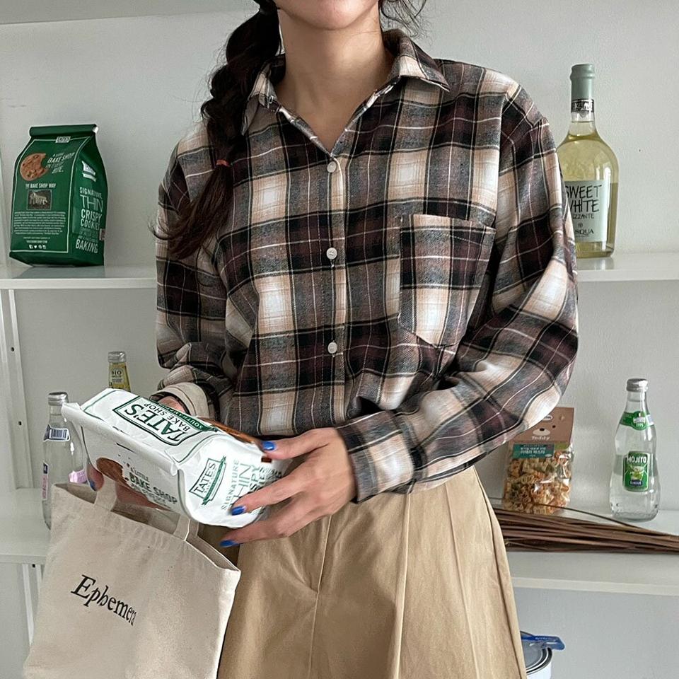 チェックポケットコットンシャツ・p000072 レディース 【bl】トップス シャツ 長袖 チェック柄 コットン 綿 ポケット カジュアル ラフ 秋 冬 韓国ファッション MKT