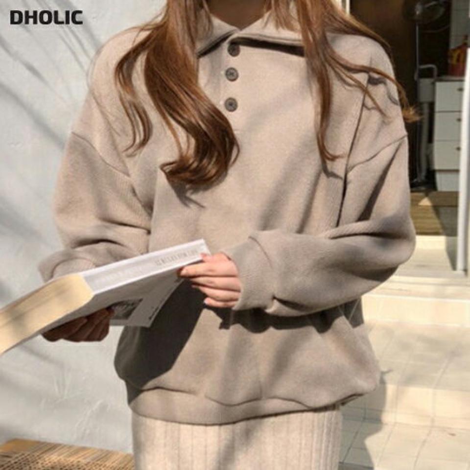 ポロカラーコットンスウェット・p000081 レディース 【tops】トップス スウェット トレーナー 長袖 コットン 綿 ポロ襟 単色 無地 シンプル ベーシック カジュアル ラフ 秋 冬 韓国ファッション MKT