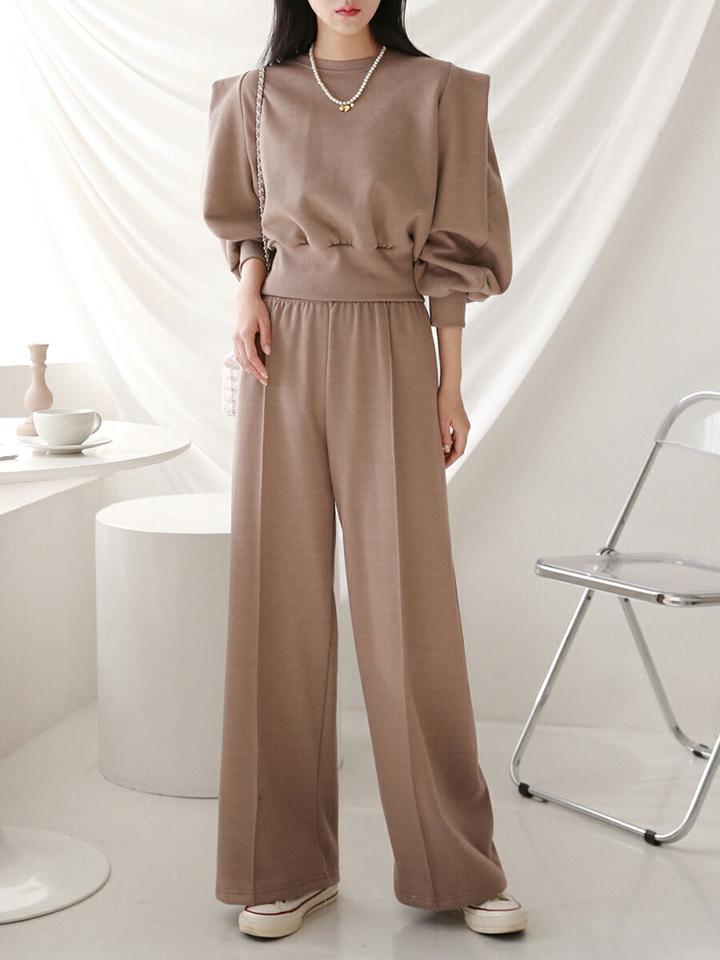 【マケット特価】裏起毛パフスウェット&ワイドパンツSET・p000052 レディース 【pt】セットアップ setup トップス トレーナー スウェット パンツ ズボン ロング ワイド 裏起毛 パフスリーブ 単色 無地 ラフ カジュアル ワンマイルウェア 冬 韓国ファッション MKT セール